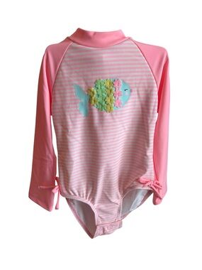 Little Me Pink Long-Sleeve One-Piece Swimsuit with Fish Appliqué